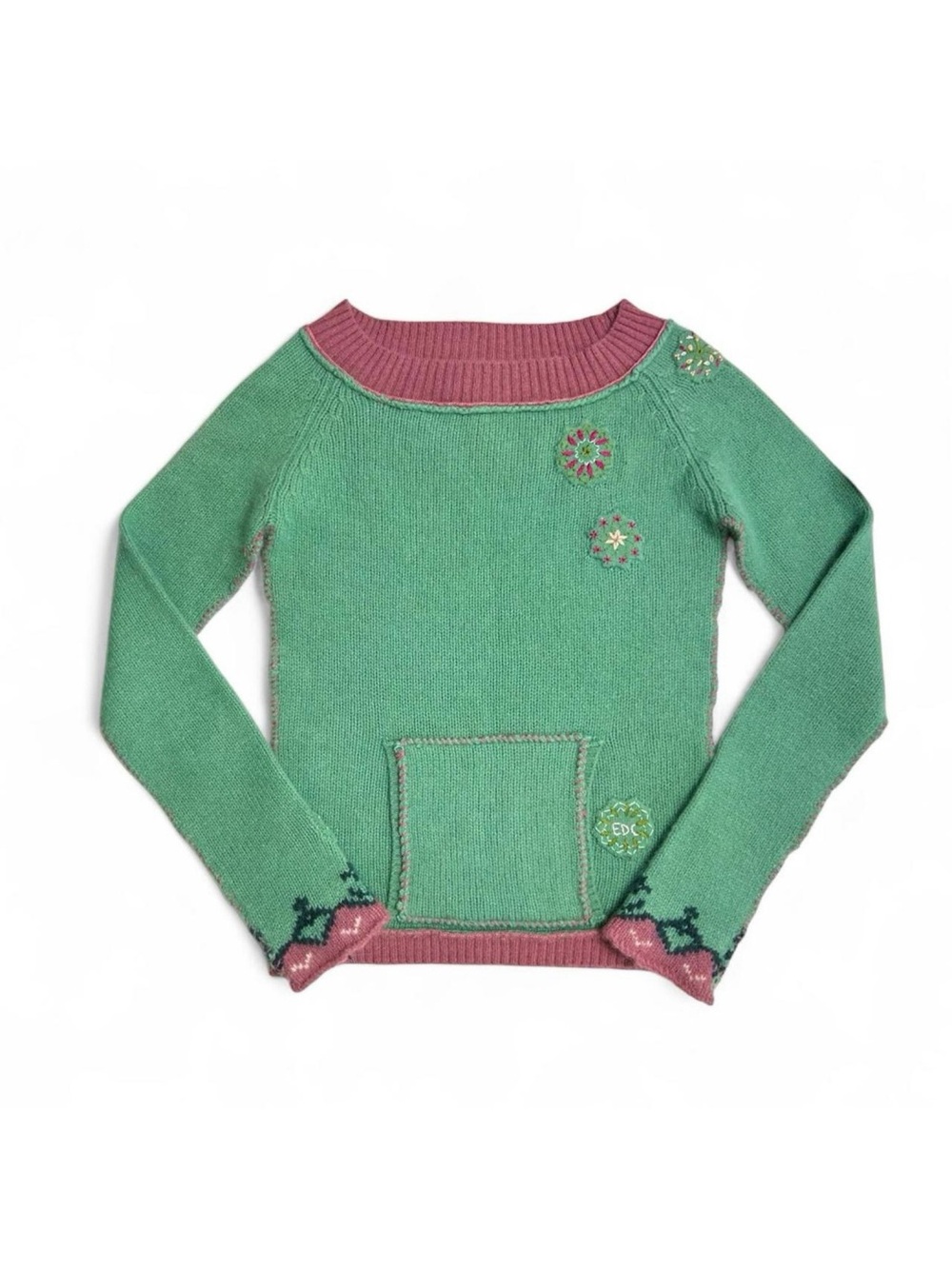 Y2K 2000s Cottagecore edc by Espirit Green & Pink Knit Sweater with Embroidery